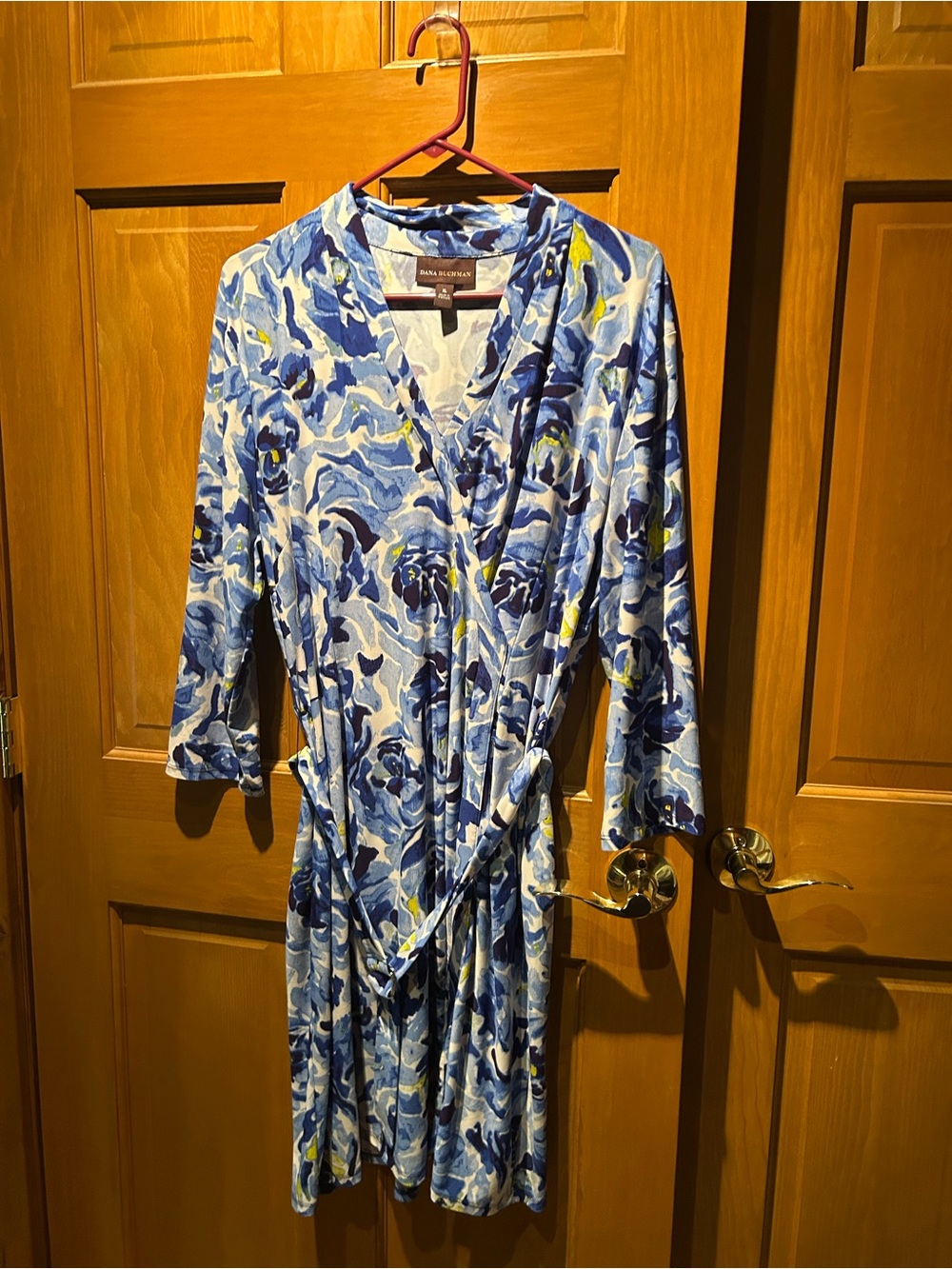 Dana Buchman Navy and Sky Blue Floral Wrap Dress with Yellow Accents size L